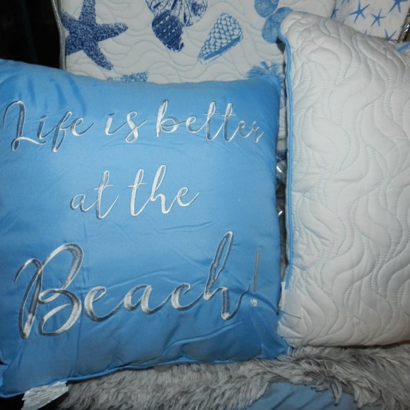 Sun & Sea 9 Pc Quilt Bedding Set Ocean Seashells Coastal King Blue/White NEW/NEW - Picture 2 of 14